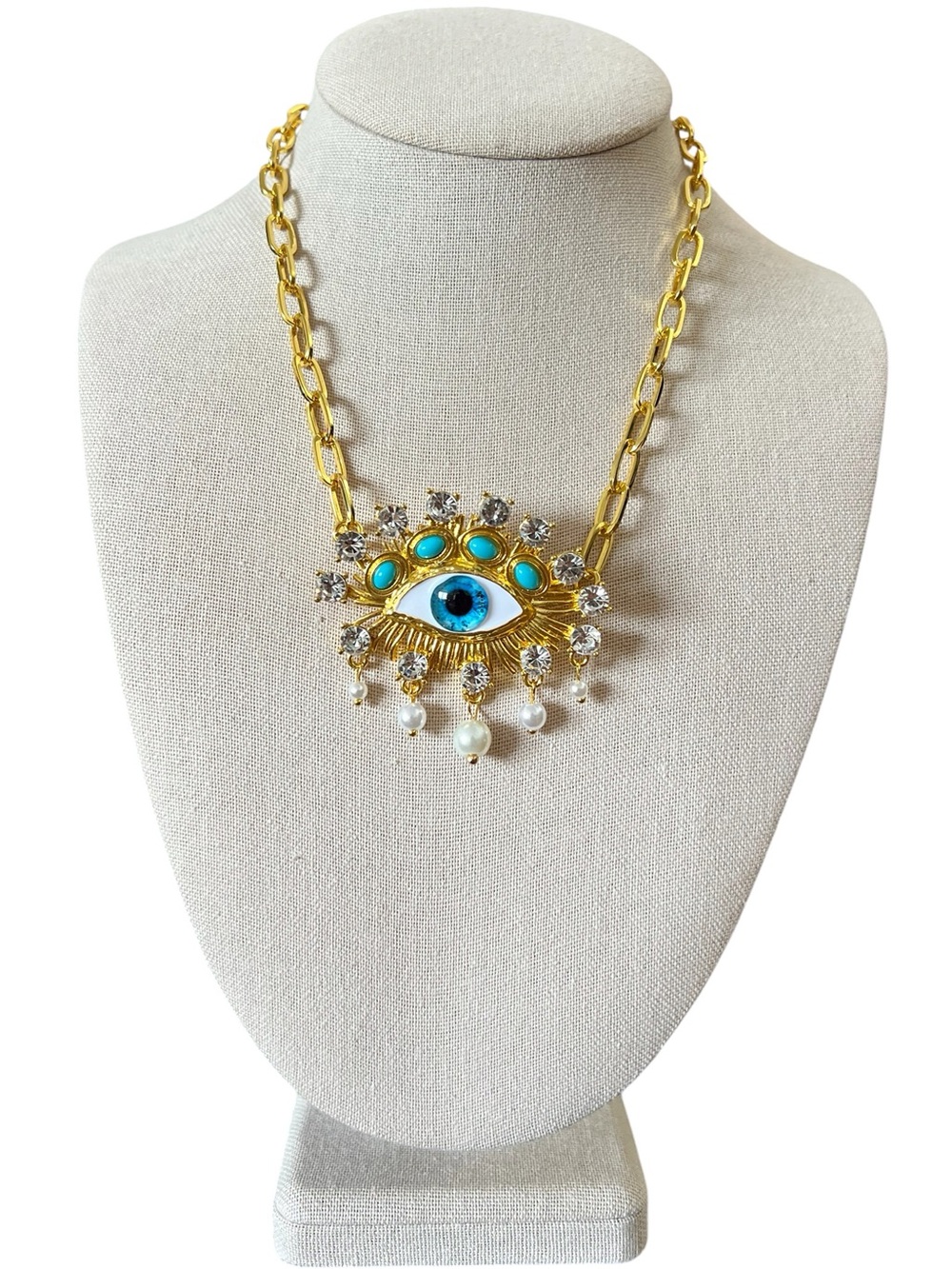 Gold Evil Eye Blue Rhinestone & White Pearl Paper Clip Chain Necklace Protection